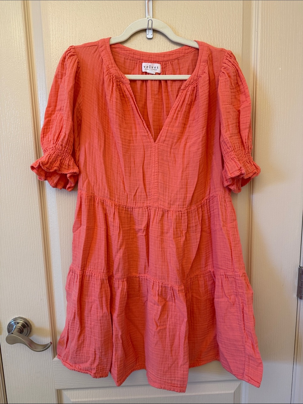 Velvet Coral Tiered Mini Dress with Puff Sleeves